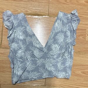 mahina Light Blue Leaf-Print Ruffle Wrap Crop Top